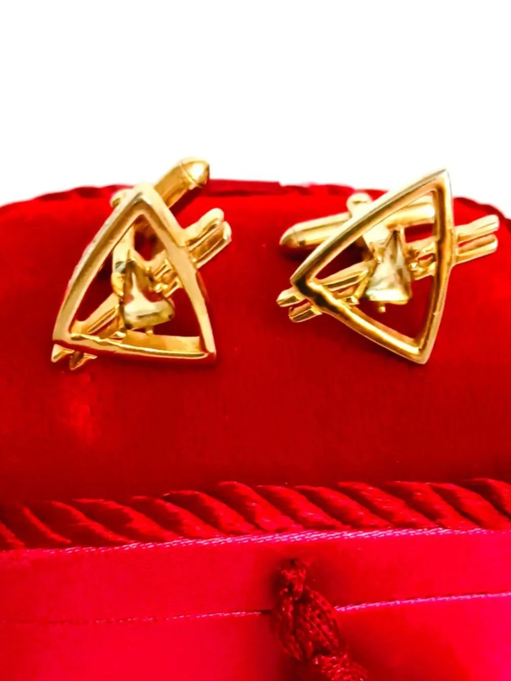 Vintage Swank Gold Triangle Cufflinks Open Work with Clear Stone